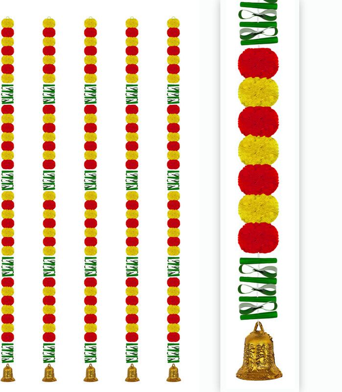 iHandikart Artficial Marigolad & Leaf Garland, Colour Yellow & Dark Orange (32203-5) Plastic Garland  (Multicolor)