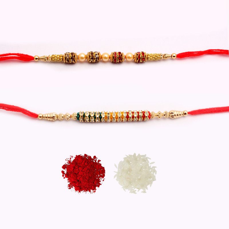 Rakhi, Chawal Roli Pack Set  (2 Designer Rakhi, 1 Roli Chawal Pack)