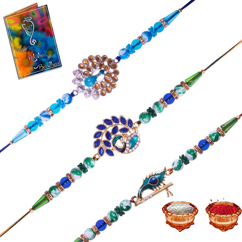 Rakhi Set  (3 Rakhi with chawal roli, 1 greting card)