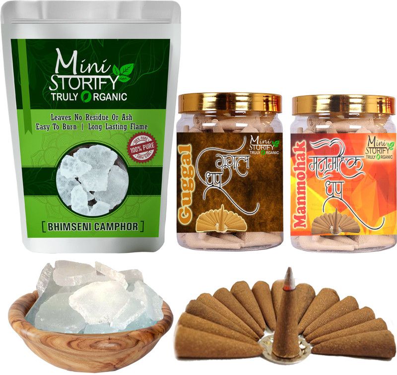Mini Storify Truly Organic Bhimseni camphor 100gm,Manmohak dhoop Cone 70pc,Gugle dhoop Cone 70pc (Pack-3) Dhoop  (Pack of 3)