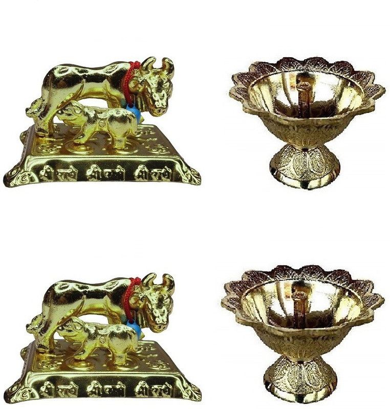 Adhvik Set Of 2 Pcs Diwali Devdas ( No 1 Regular Size) Diya Oil / Ghee Lamp With 2 Pcs Kamdhenu ( No 1 ) Brass Cow with Calf For Puja Purpose Brass  (Gold)