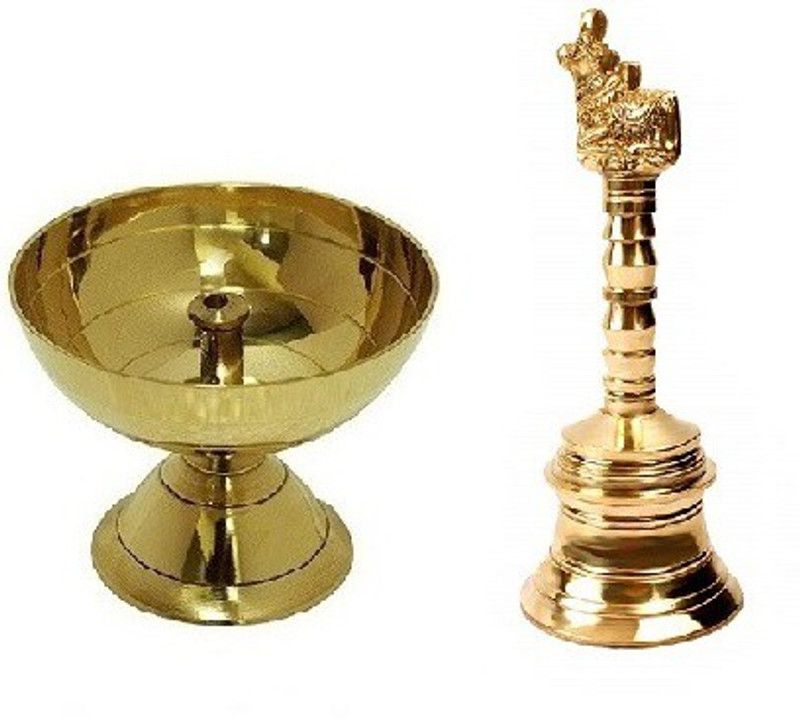 Utkarsh Combo of 1 Pcs Paro Pyali (2 No Regular Size ) Brass Diya And 1 Pcs Nandi Head Small Size Puja Bell Brass  (Gold)