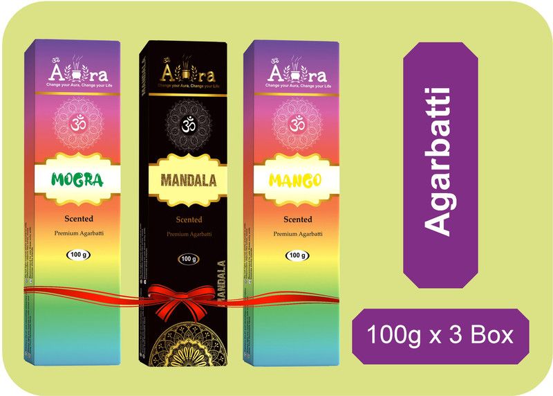 Om Aura Premium Agarbatti - 100g each Mogra , Mandala , Mango .  (100, Set of 3)