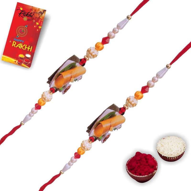 Rakhi, Chawal Roli Pack, Greeting Card Set  (2 Rakhi With Complimentary Roli, Chawal, Chandan, Mishri and Greeting card)