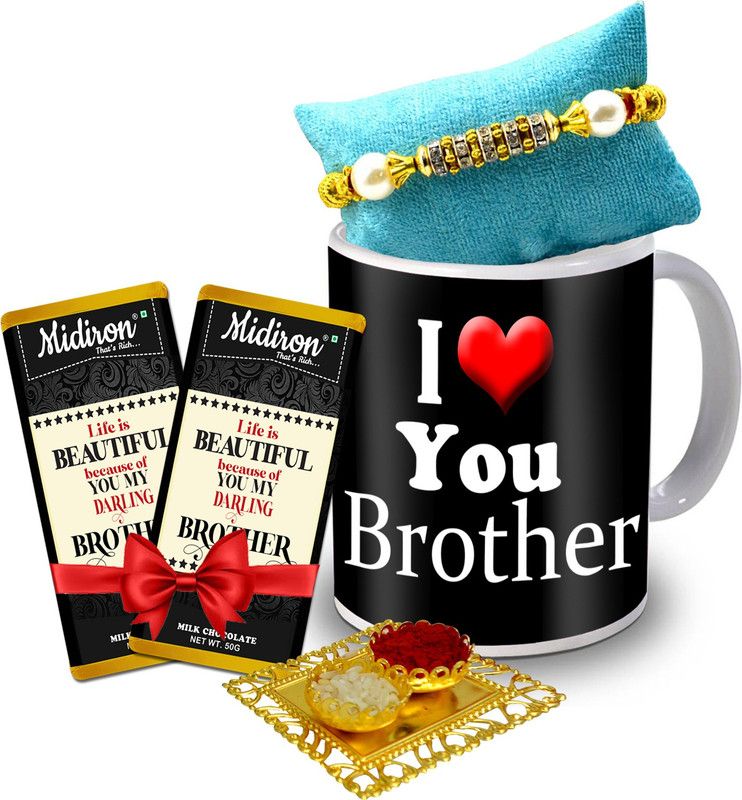 Midiron Rakhi Gift for Brother, Pearl Rakhi with Roli | Milk Chocolate Bar | Printed Coffee Mug for Brother IZ20ST-28 Ceramic Gift Box  (Multicolor)
