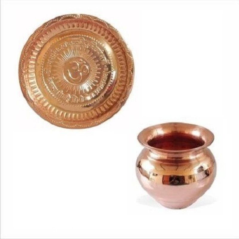 PIKVY Copper Decorative OM Puja Thali/Plate WITH KALASH/LOTA/GADAI , Temple/Home,2 Pcs Copper  (2 Pieces, Brown)