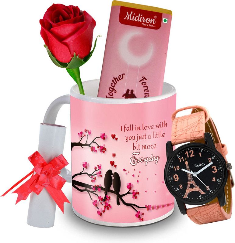 Midiron Together Forever Chocolate Bar with Artificial Rose, and Beautiful Watch, Love Letter, Coffee Mug, Gift for Valentine Day, Birthday, and Anniversary for Wife, Girlfriend, Fiance IZ20DTLoveBar8RoseLCWatF1MU-188 Ceramic Gift Box  (Multicolor)