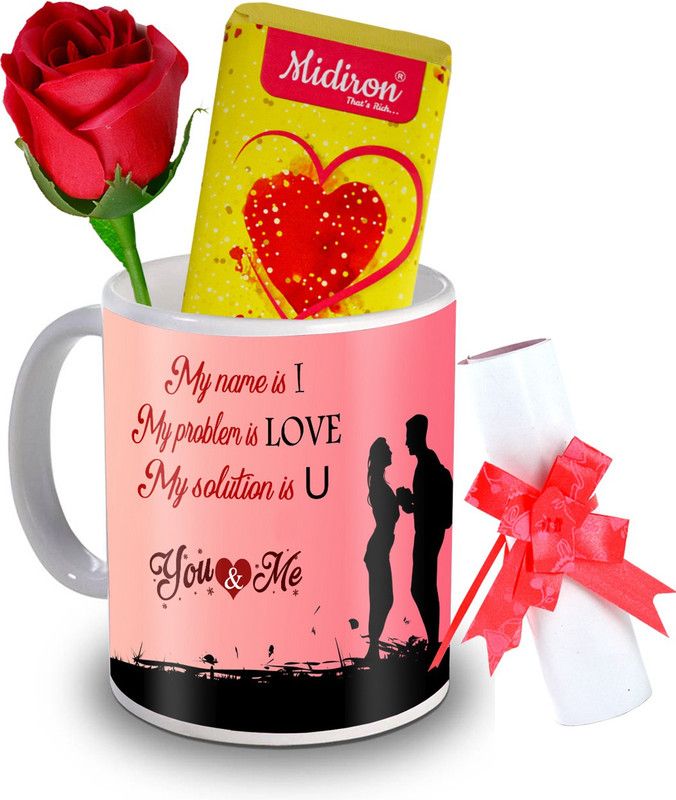 Midiron ILU Chocolate Bar with love letter and love quoted coffee mug, Artificial Rose, Romantic Valentine gift for girlfriend, wife, lover IZ20DTLoveBar2RoseLC-192 Ceramic Gift Box  (Multicolor)