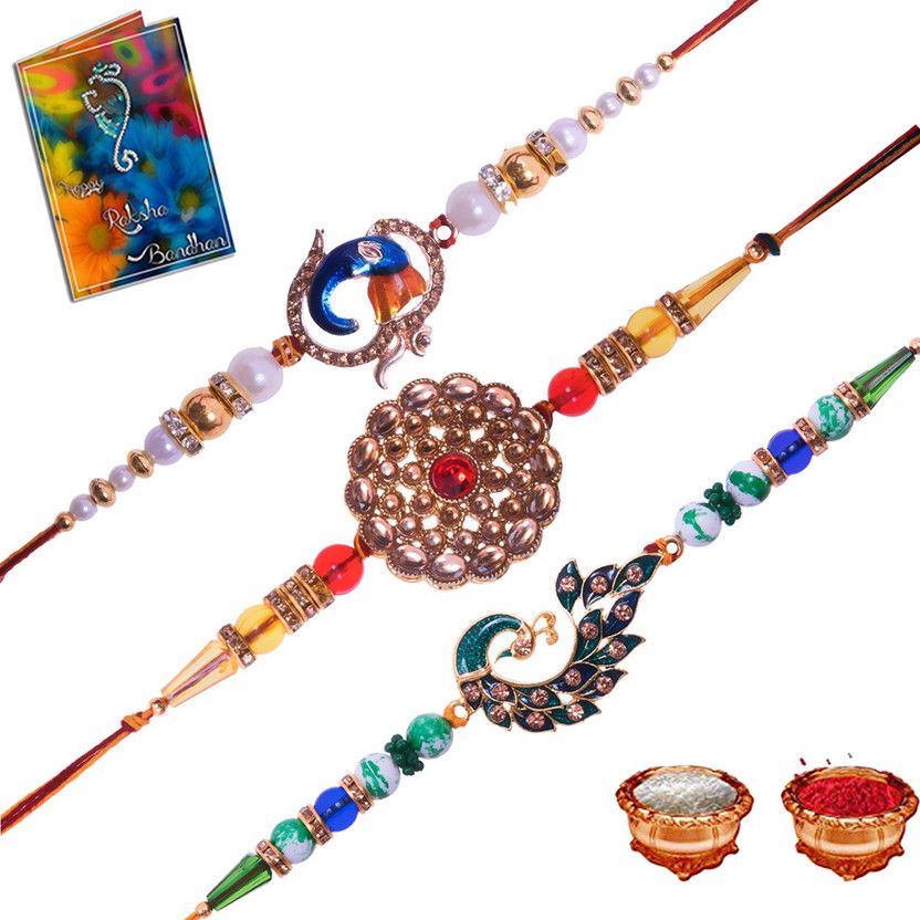 Rakhi, Greeting Card, Chawal Roli Pack Set  (3 Designer Rakhi,1 Rolichawal, 1 Small Greeting Card)