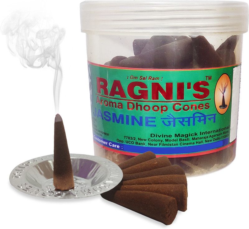 RAGNI'S Jasmine Dhoop Sticks Suddh Natural jasmine Dhoop Sticks with dhoop stand holder in box (100 GM)g Dhoop Cones Boxes Lo Smoke Incense Sticks Incense cone Netural Dhoop Indian Dhoop Bambooless Abarbatti Floral Dhoop  (Pack of 100)