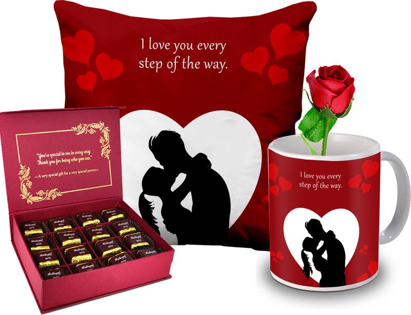 Midiron Valentine Day Gift set For Girls/Boy|wife (Mug, Cushion, Rose,Chocolate) Ceramic, Microfibre Gift Box  (Multicolor)