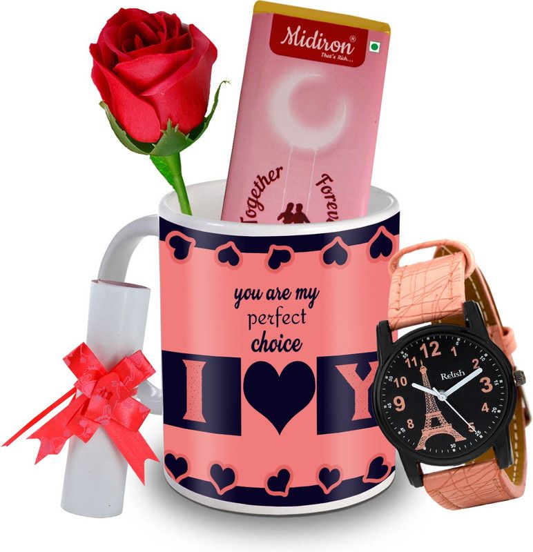 Midiron Together Forever Chocolate Bar with Artificial Rose, and Beautiful Watch, Love Letter, Coffee Mug, Gift for Valentine Day, Birthday, and Anniversary for Wife, Girlfriend, Fiance IZ20DTLoveBar8RoseLCWatF1MU-199 Ceramic Gift Box  (Multicolor)