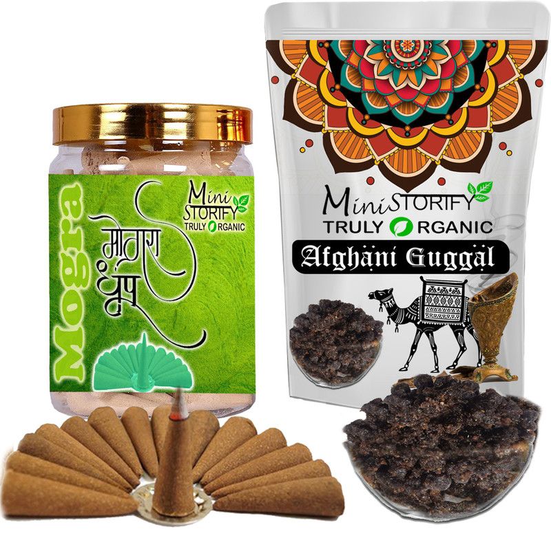 Mini Storify Truly Organic Guggal 150gm,Mogra dhoop Cone 70pcs (Pack of 2) Dhoop  (Pack of 2)