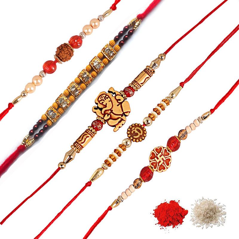 Rakhi Set  (5 Rakhi with Free Greeting Card, Roli and Chawal)