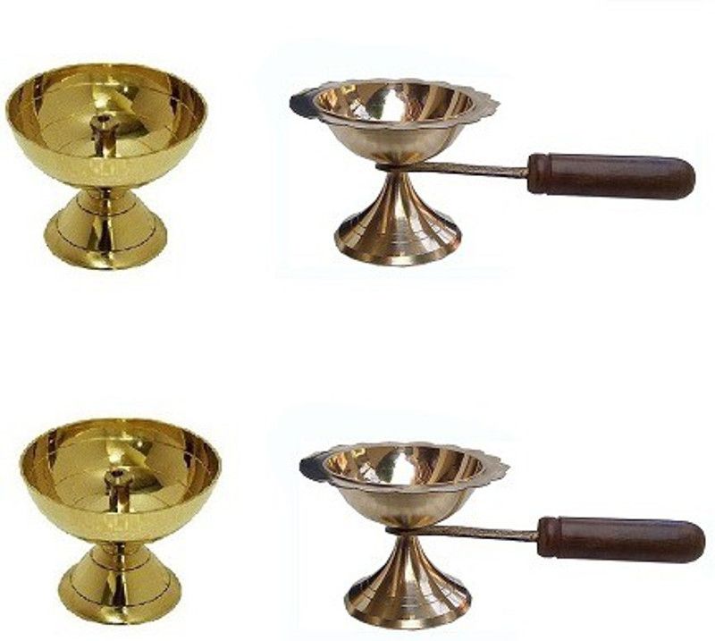De-Ultimate Combo of 2 Pcs Paro Pyali (1 No Small Size ) Brass Diya And 2 Pcs Brass Table Oil Ghee Lamp Puja ( 1 No Small Size ) Diya with Long Wooden Handle For Puja Purpose Brass  (Gold)