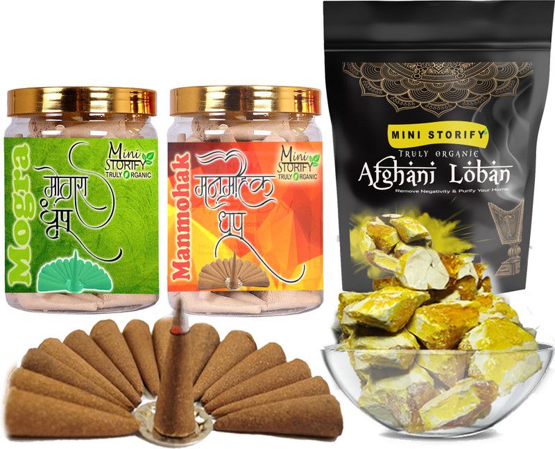 Mini Storify Truly Organic Yellow loban250gm,Mogra dhoop Cone 70pc,Manmohak dhoop Cone 70pc (Pack of 3) Dhoop  (Pack of 3)