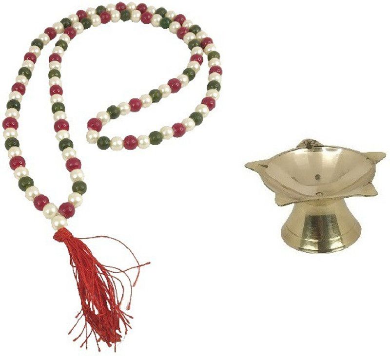 Adhvik Combo Of 1 Pcs (1 No) Small Size Punch Mukhi Diya With 1 Pcs Natural Lifestyle 46 Cm Long 8mm Multicolor Moti Pearls Mala Brass  (Multicolor)