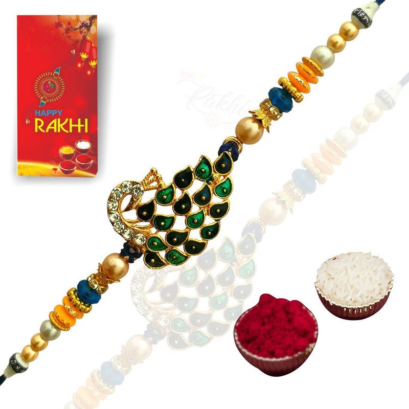 Chawal Roli Pack, Rakhi, Greeting Card Set  (Elegant Peacock Crystal Stone Rakhi For Brother With RakshaBandhan Greeting Card)