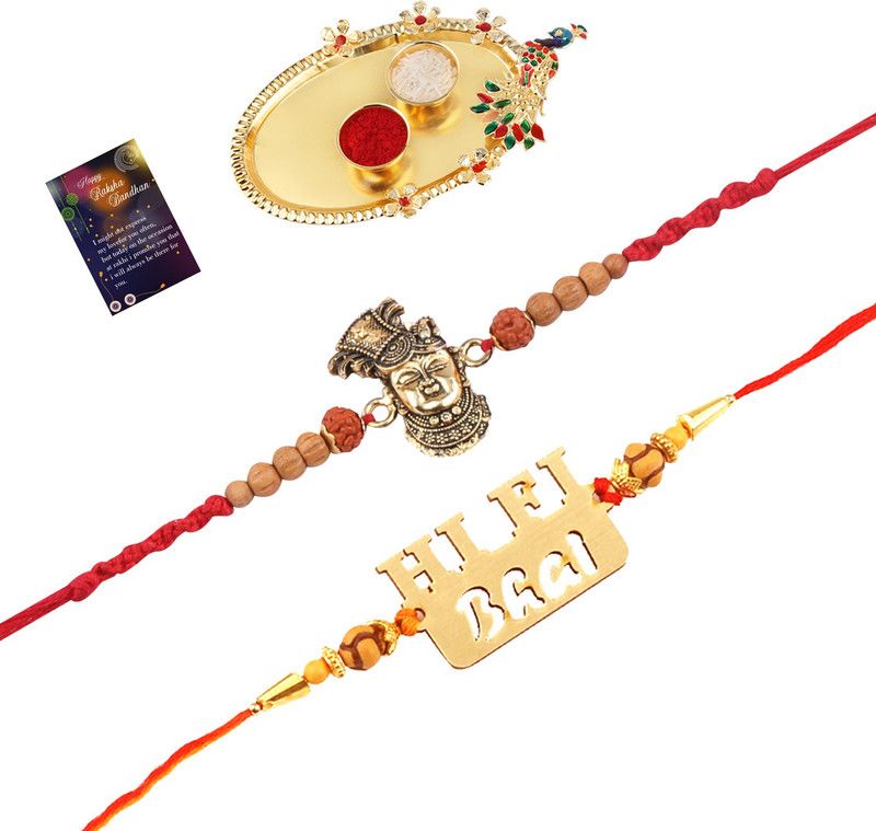 Rakhi, Chawal Roli Pack, Greeting Card, Thali Set  (2 Rakhi, Roli Chawal, Greeting Card, thali)