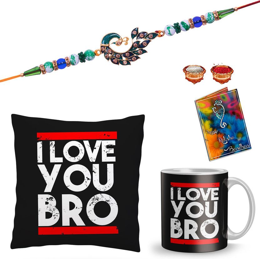 Cushion, Chawal Roli Pack, Greeting Card, Rakhi, Mug Set  (1 Rakhi, 1 Cushion ,1 Coffee Mug, 1 Roli Chawal Packet, 1 Greeting Card)
