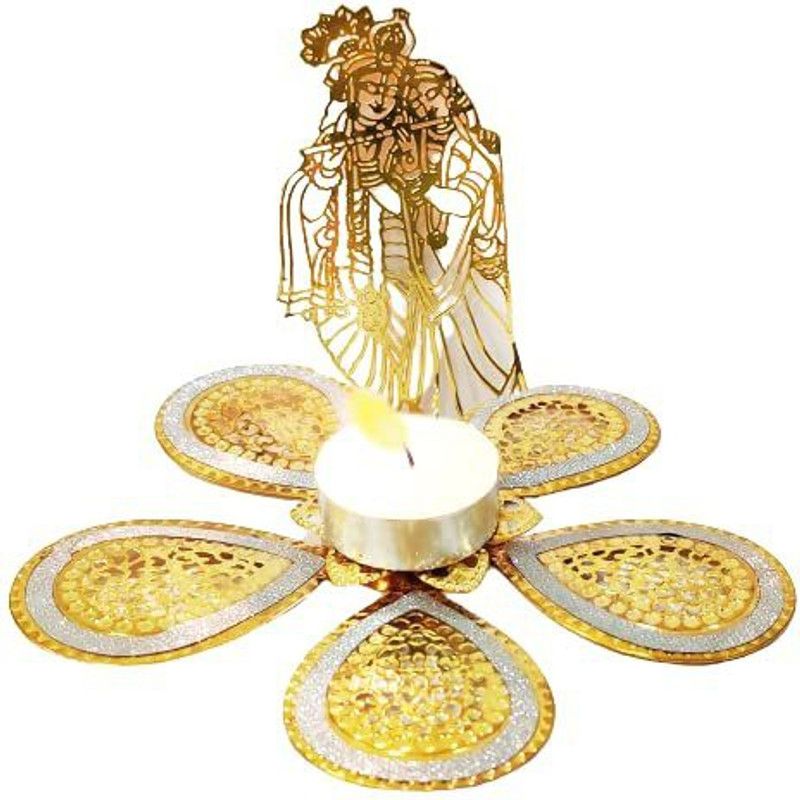 Kitchen Bliss Golden Pooja Thali Set, 1 Thali, 1 Tealight Candle, 2 Artificial Fragrant Flower, 1 Radha Krishna Shadow Brass Lamp Festival Ethnic Thali Set 11.5 Inches 4 Items (4) Gold Foil, Iron  (1 Pieces, Gold)