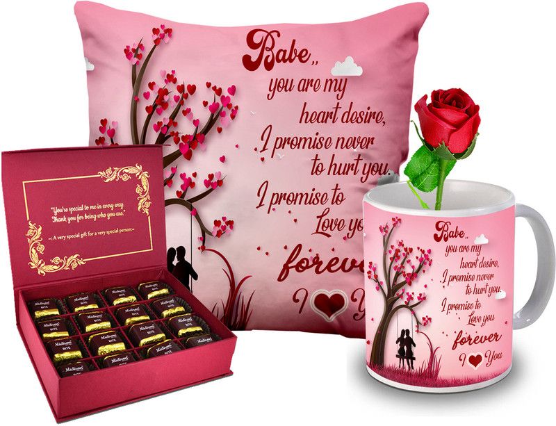 Midiron Valentine’s Day Gift Combo For Couple/Wife (Mug, Cushion, Rose,Chocolate) Ceramic, Microfibre Gift Box  (Multicolor)