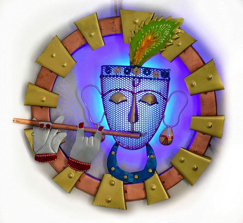 Trending Products & Gifts Iron Metal Decorative Wall Hanging Flute Playing Krishna with LED Lights Religious Frame