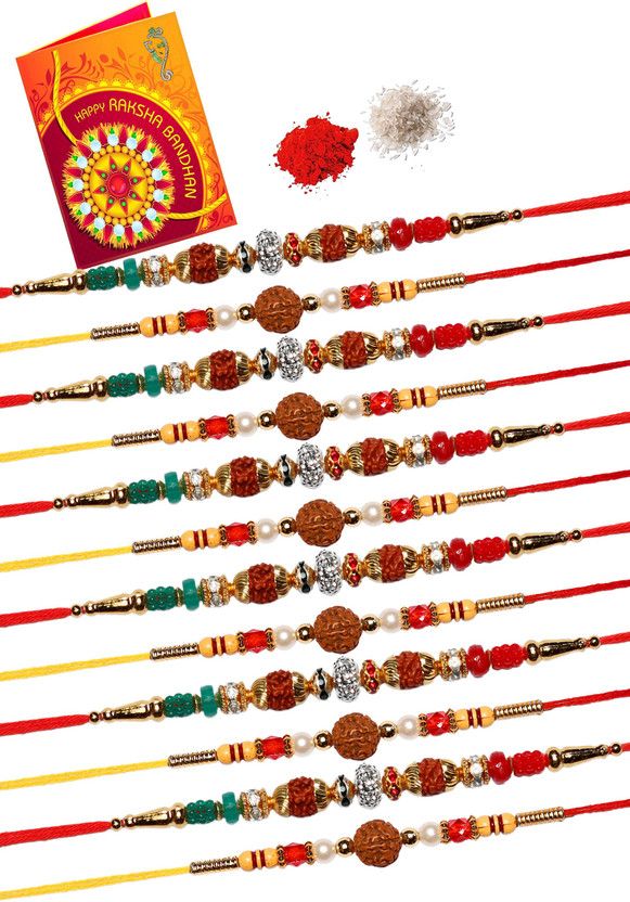 Rakhi, Chawal Roli Pack, Greeting Card Set  (12 Rakhi, Roli & Chawal, Greeting Card)