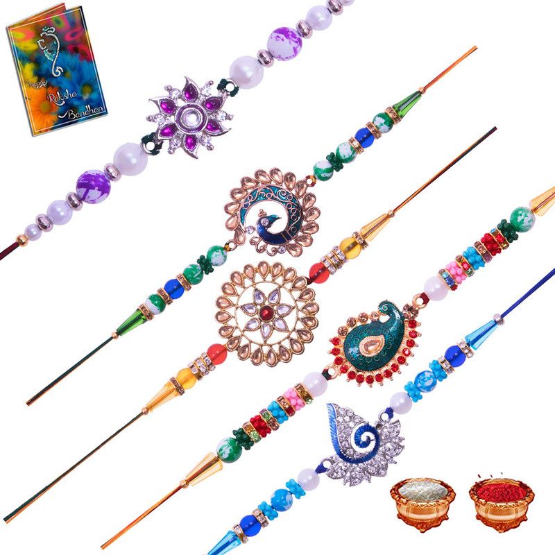 Rakhi, Greeting Card Set  (5 Rakhi 1 Roli Chawal 1 Greeting Card)