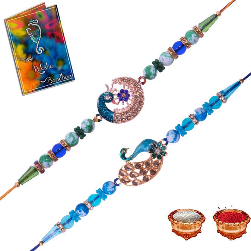 Rakhi, Greeting Card, Chawal Roli Pack Set  (2 Rakhi, 1 Small Greeting Card, 1 Roli Chawal)