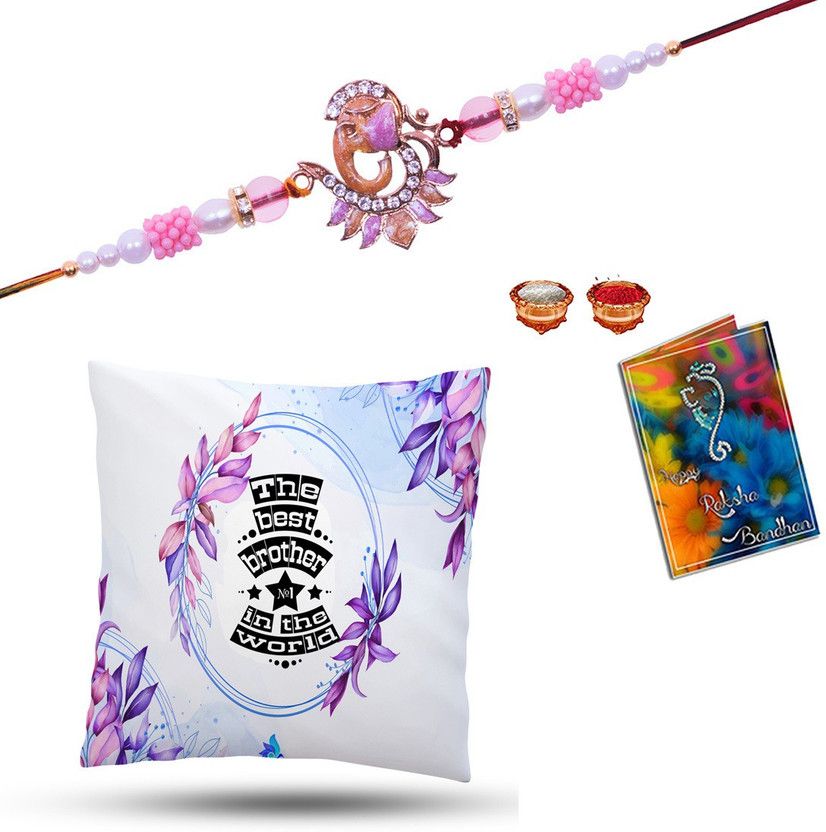 Rakhi, Cushion, Chawal Roli Pack, Greeting Card Set  (1Rakhi ,1Cushion ,1 Small Greeting Card ,Rolichawal)