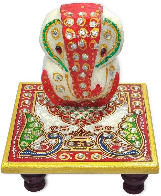 Prisha India Craft Marble Ganesha Decorated with Stone Beads Sitting on Marble Chowki, Lord God Ganpati Statue Ganesh Chaturthi Special | Chowki Size 4 x 4 Inch. Marble All Purpose Chowki  (Multicolor, Pack of 1)