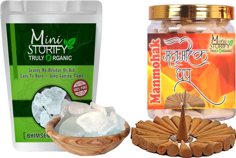 Mini Storify Truly Organic Bhimseni camphor 100gm,Manmohak dhoop Cone 70pcs (Pack of 2) Dhoop  (Pack of 2)
