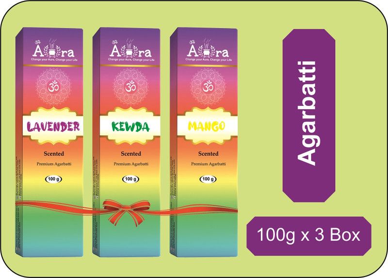 Om Aura Premium Agarbatti - 100g each Lavender, Kewda, Mango .  (100, Set of 3)