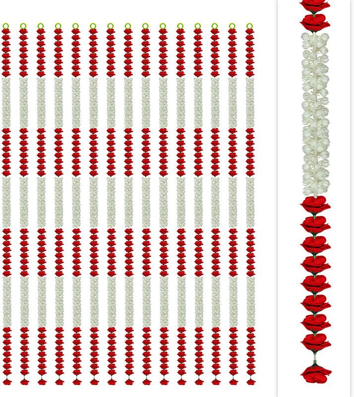 iHandikart Artificial Jasmine (Mogra) with Rose Flower Garland, Color Red (81301-15) Plastic Garland  (Red)