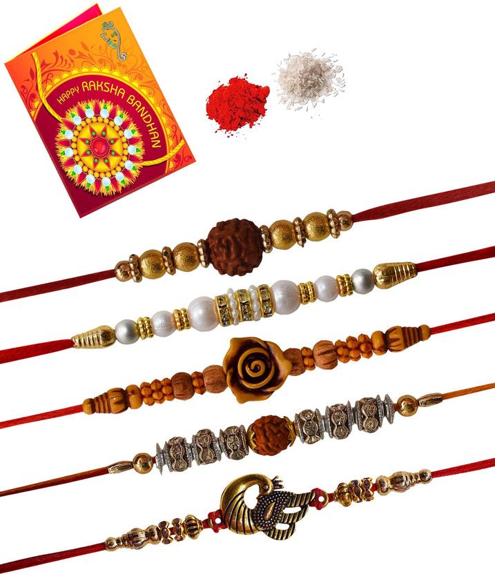 BC-BD-BE-BF-BO Rakhi, Greeting Card, Chawal Roli Pack Set  (5 Rakhi , 1 Greeting Chawal , 1 Roli Chawal)