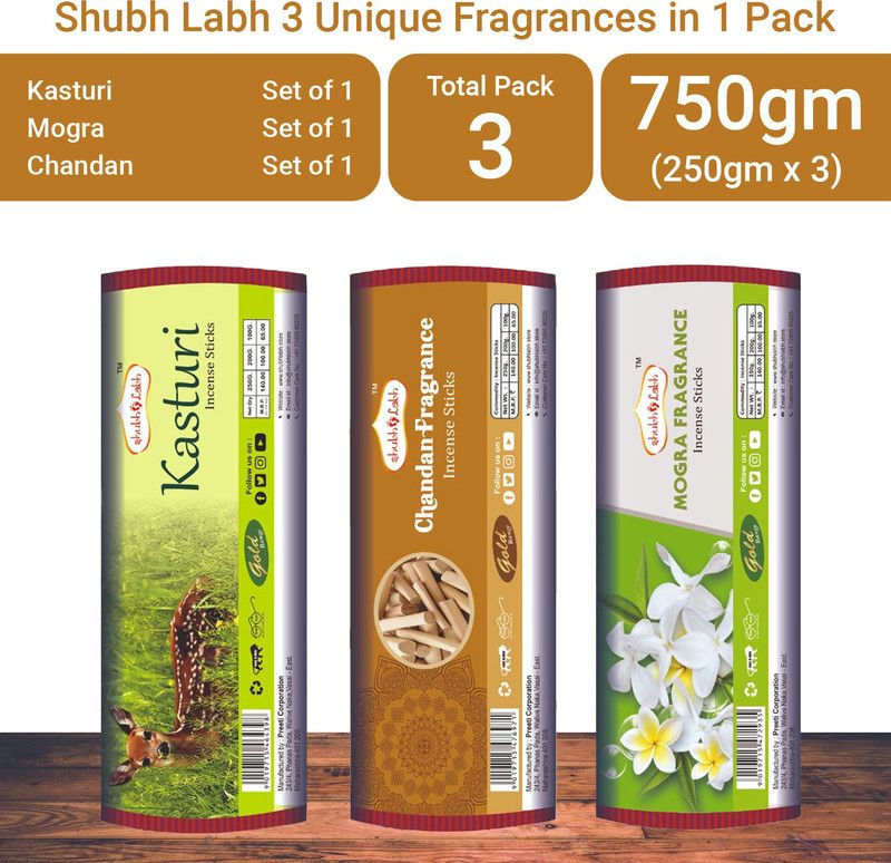 Shubh Labh 3 Unique Fragrances In 1 Packchandan, Kasturi & Mograincense Set Of 3 Boxes Chandan, Kasturi & Mogra  (250, Set of 3)