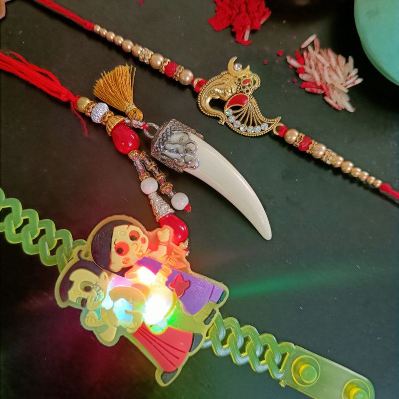Rakhi, Chawal Roli Pack, Greeting Card Set  (3 Rakhi for Bhaiya bhabhi Lumba Joda Rakhi With1kids light Rakhi Brother Rakhi)