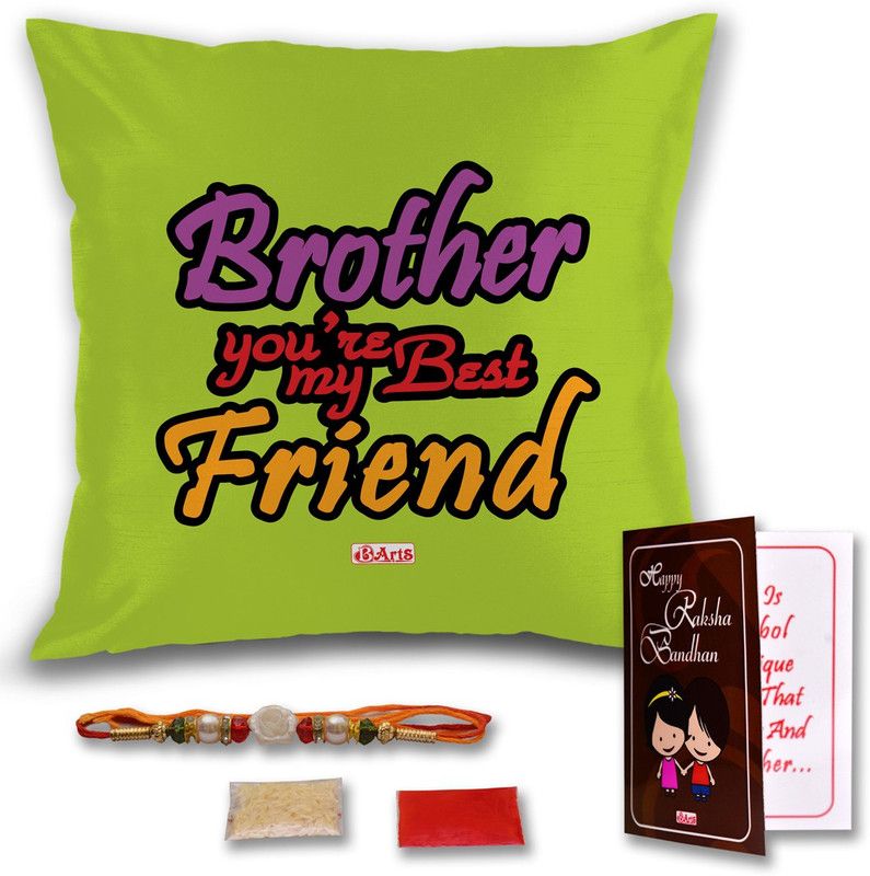 Cushion, Chawal Roli Pack, Rakhi, Greeting Card Set  (1 Roli Chawal packet, 6 Cushion Cover With Filler 12x12 Inches, 1 Rakhi, 1 Greeting Card)