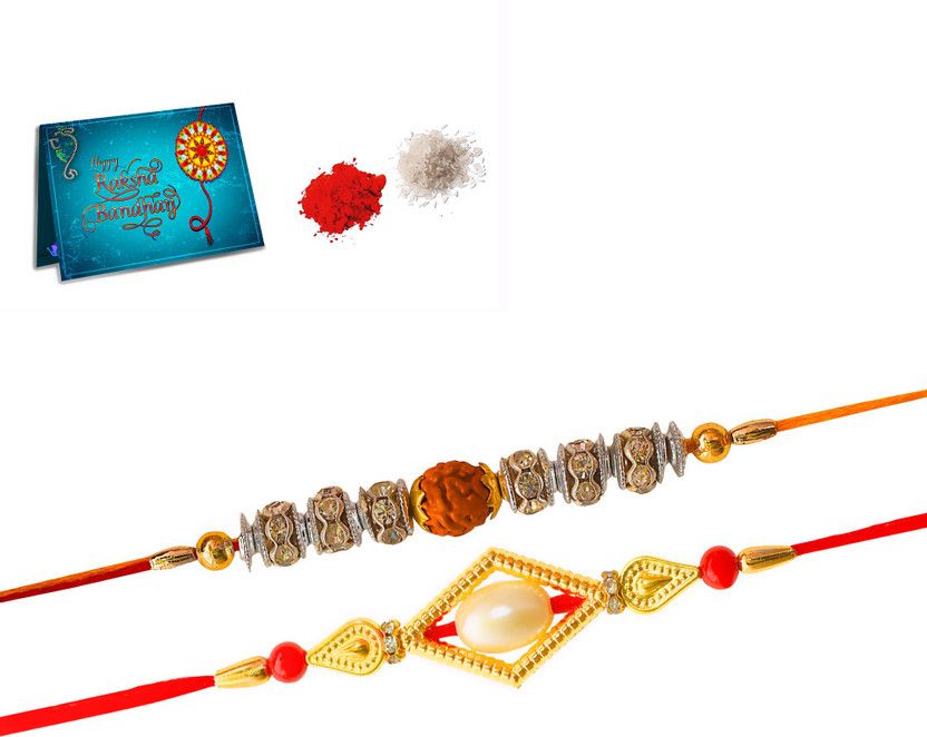 Rakhi, Chawal Roli Pack, Greeting Card Set  (2 Rakhi, Roli Chawal, Greeting Card)