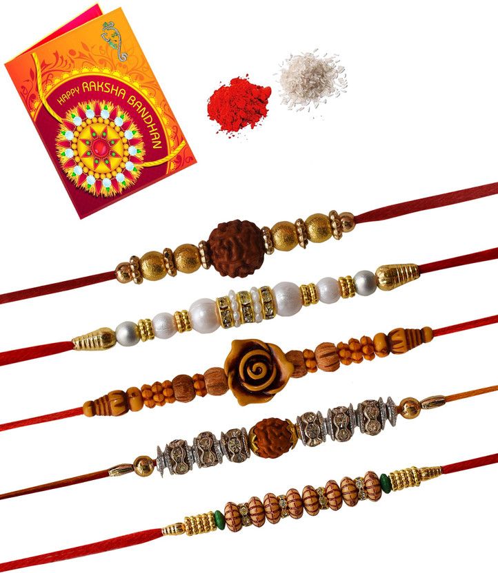Rakhi Set  (1 Roli & Chawal, 1 Greeting Card, 5 rakhi)