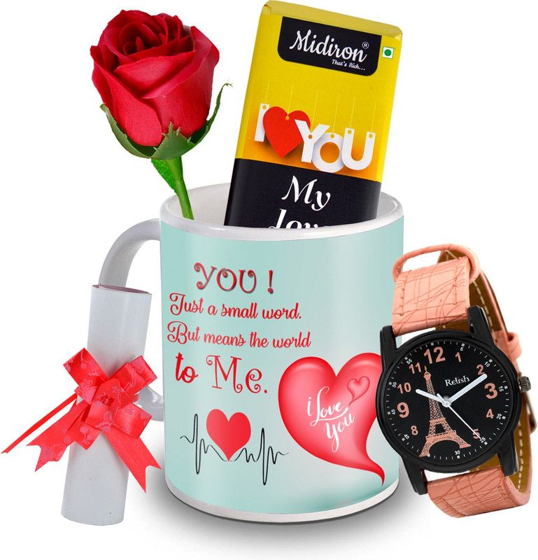 Midiron I Love You My Love Chocolate Bar with Artificial Rose, and Beautiful Watch, Love Letter, Coffee Mug, Gift for Valentine Day, Birthday, and Anniversary for Wife, Girlfriend, Fiance IZ20DTLoveBar6RoseLCWatF1MU-196 Ceramic Gift Box  (Multicolor)