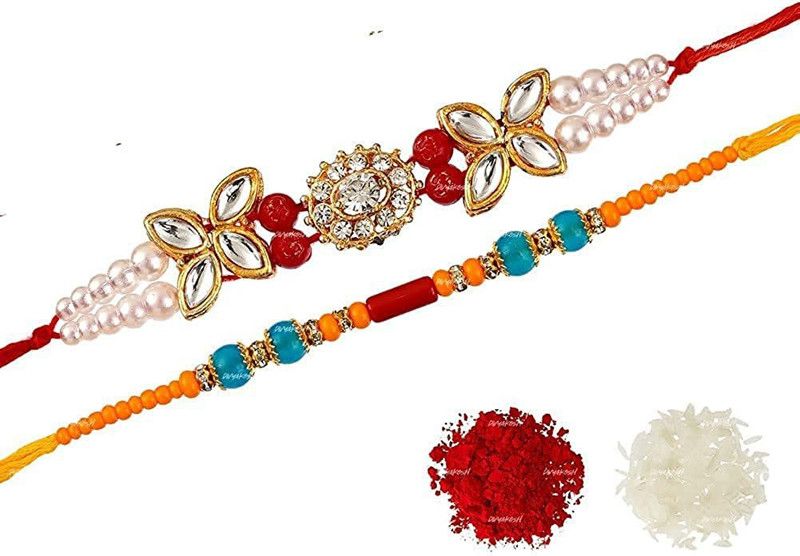Greeting Card, Chawal Roli Pack Set  (2 Disigner Rakhi Combo for Brother,1 Roli 1 Chawal Tilak Pack, 1 Greeting Card)