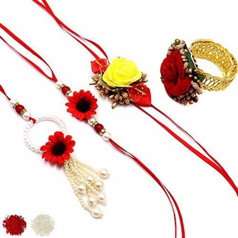 Rakhi, Chawal Roli Pack Set  (4 designer Rakhi)