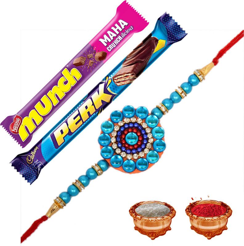 Chawal Roli Pack, Rakhi Set  (1 Rakhi, 1 Munch Chocolate, 1 Perk Choclate, 1 Roli Chawal Pouch)