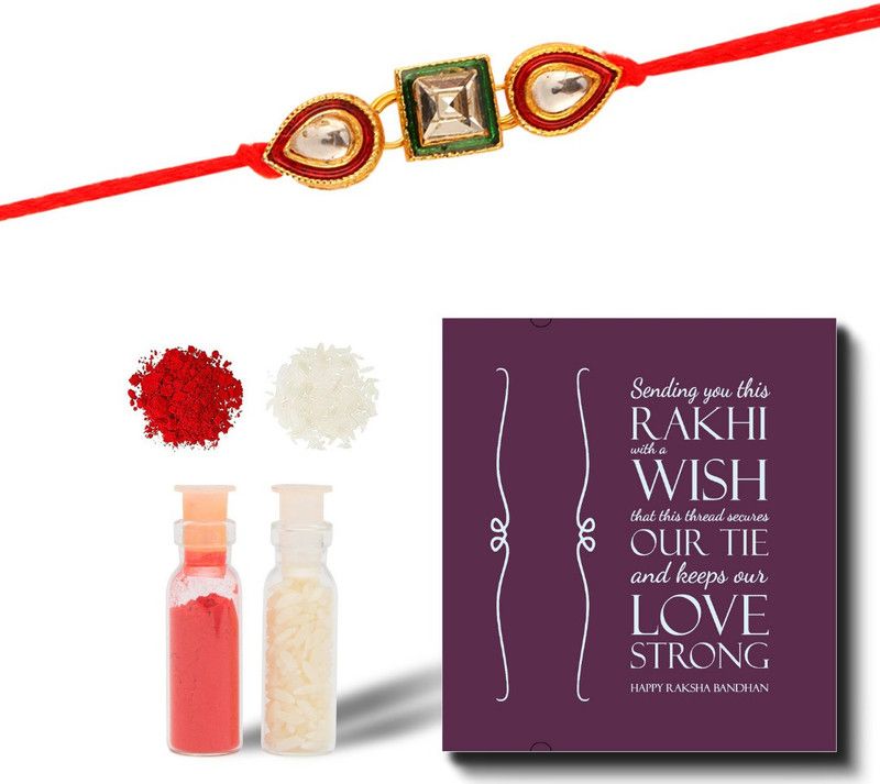 Rakhi, Greeting Card, Chawal Roli Pack Set  (Diamond Rakhi, Greeting Card, Roli & Chawal, Small Glass Bottle)