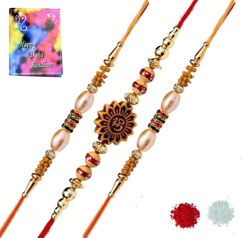 Rakhi, Greeting Card, Chawal Roli Pack Set  (3 Rakhi,1 Greeting Card, 1 Chawal, 1 Roli)