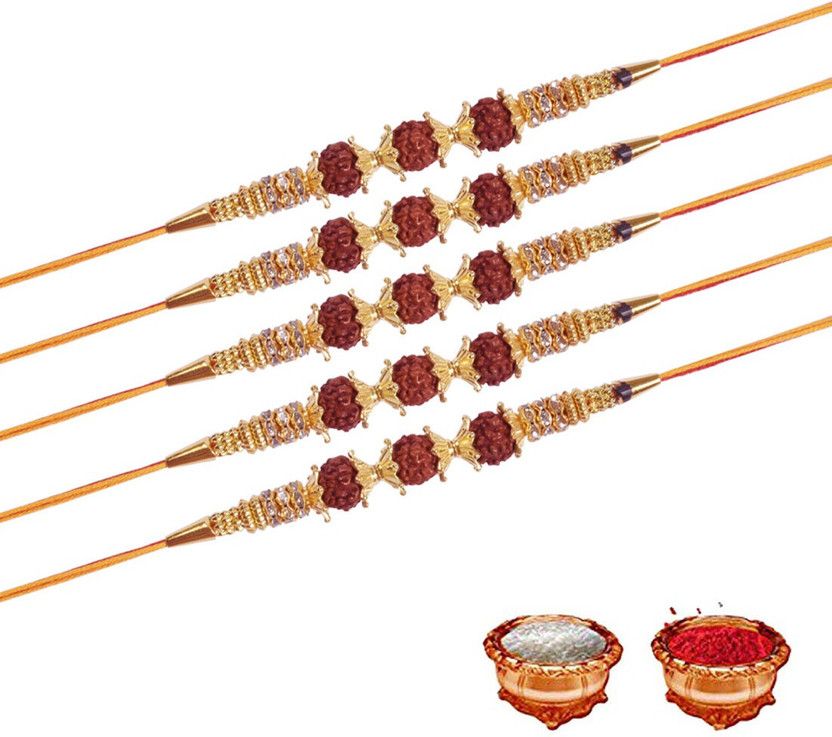 Rakhi, Chawal Roli Pack Set  (rakhi 5, roli chawal -1)