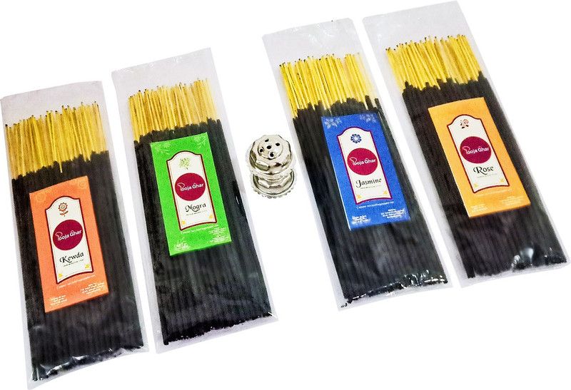 POOJA GHAR 4 flavours (Rose, Mogra, Jasmine, Kewda) Agarbattis with Agarbatti Stand - 200 sticks Rose, Mogra, Jasmine, Kewda  (50, Set of 4)
