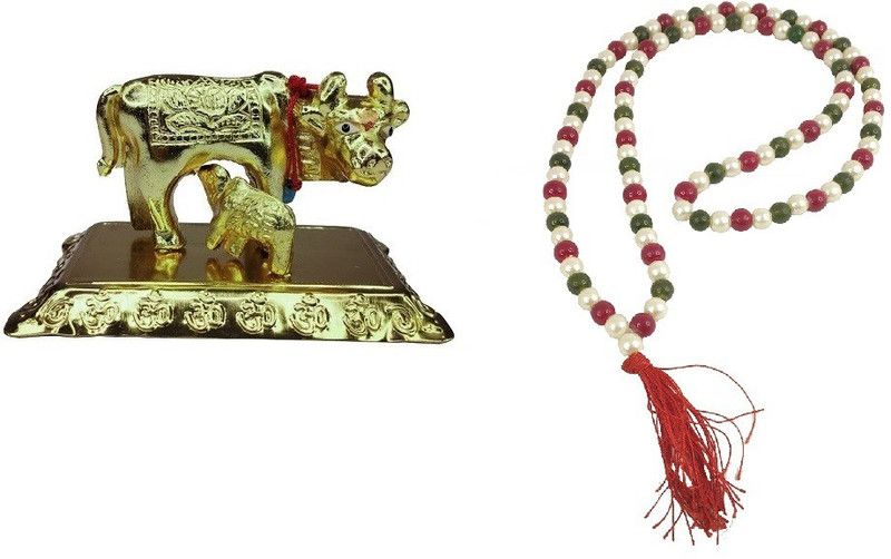 Adhvik Combo Of Kamdhenu ( No 2 ) Brass Cow with Calf For With Natural Lifestyle 46 Cm Long 8mm Multicolor Moti Pearls Mala Brass  (Multicolor)